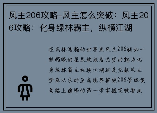 风主206攻略-风主怎么突破：风主206攻略：化身绿林霸主，纵横江湖